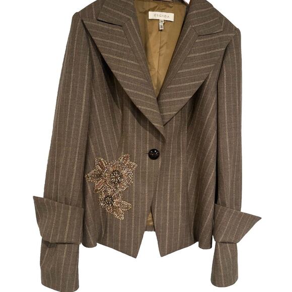 Escada Wool Sequin Beaded Flower Striped Double Cuff Exaggerated Lapel Jacket 10 - Picture 1 of 14